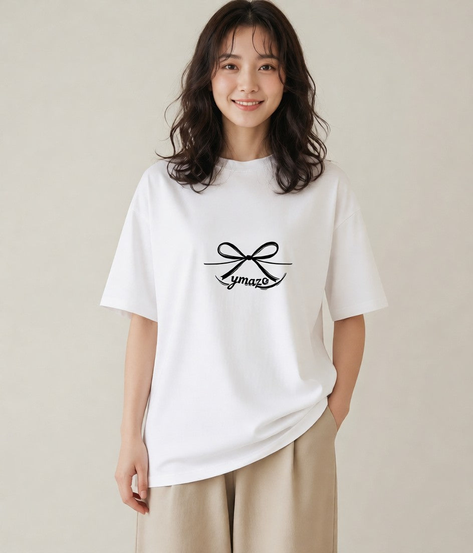 半袖Tシャツ レディース リボン ボウ りぼん イラスト 線画 自分用 ルームウェア 白T