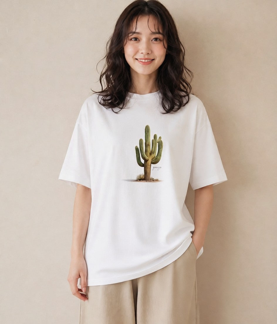 デザインTシャツ レディース サボテン 植物 ボタニカル イラスト フェミニン 買い物 夏コーデ 白T