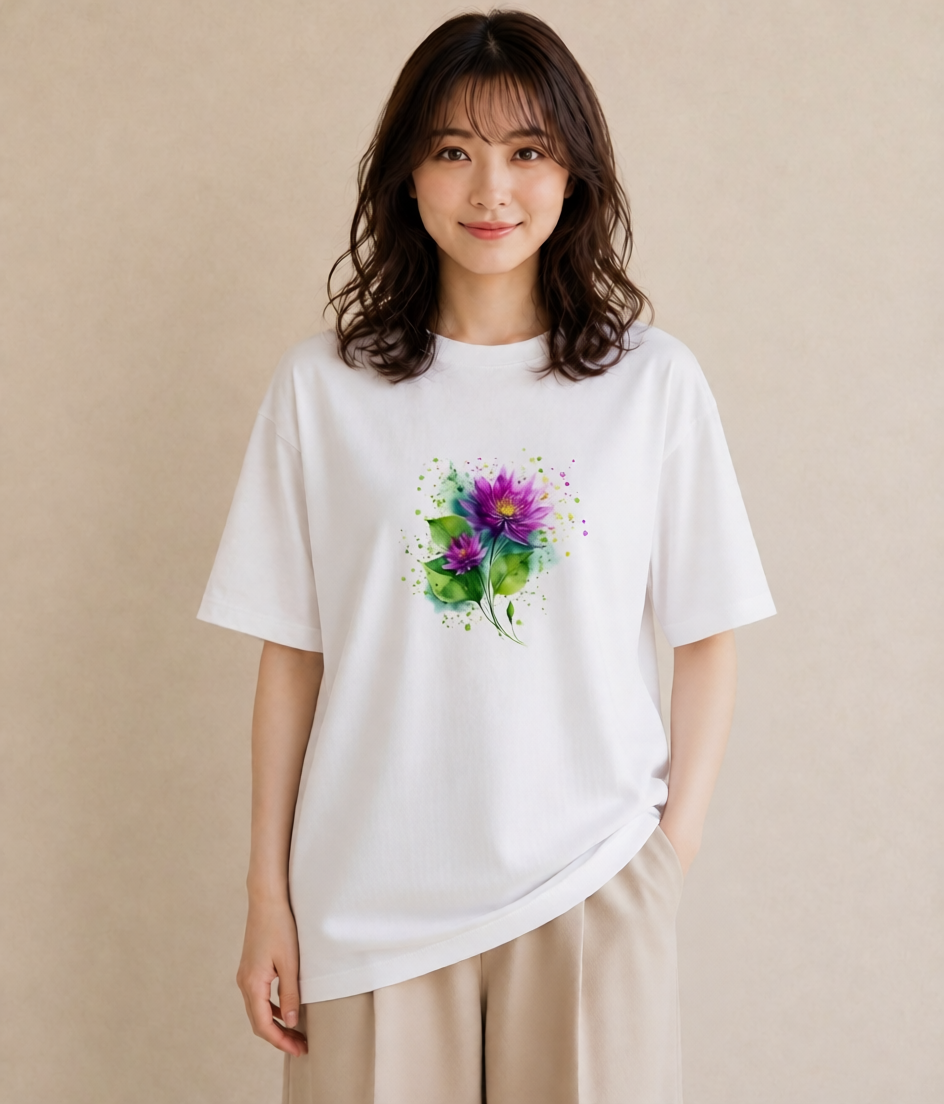 デザインTシャツ レディース 蓮 花 花柄 イラスト ミニマル 綿100 デート 白T