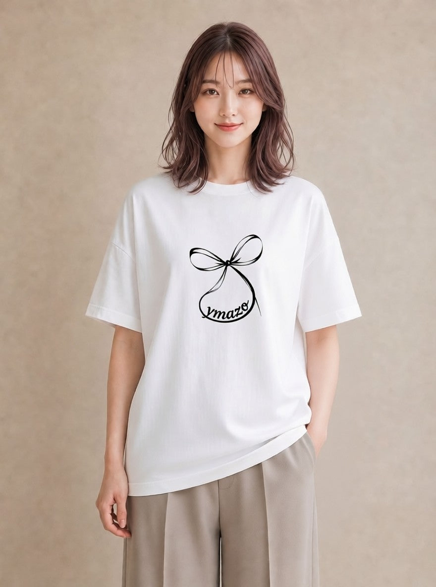 グラフィックTシャツ レディース リボン 蝶結び ナチュラル アンティーク イラスト 線画 綿100 デート 白T