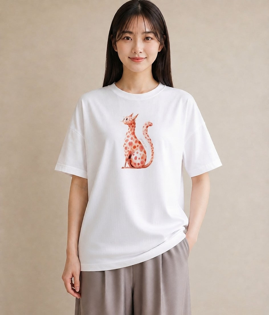 半袖Tシャツ レディース おすわり猫 猫 ねこ イラスト ユニーク 公園 ママ 白T