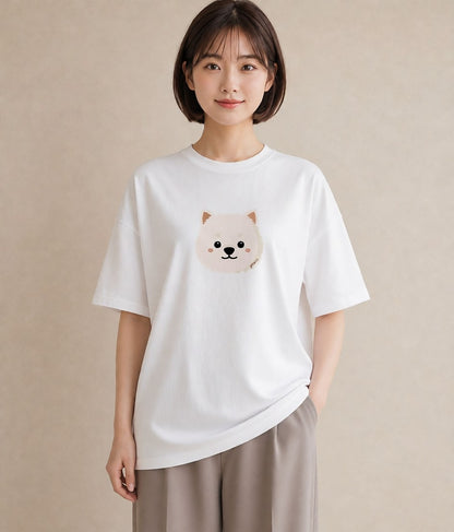 Tシャツ レディース 犬 いぬ イラスト ミニマル ペアコーデ 秋コーデ 白T