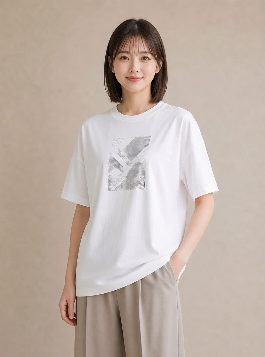 デザインTシャツ レディース 幾何学 ミニマル ジオメトリック イラスト ラフカジュアル 週末コーデ 敬老の日 白T