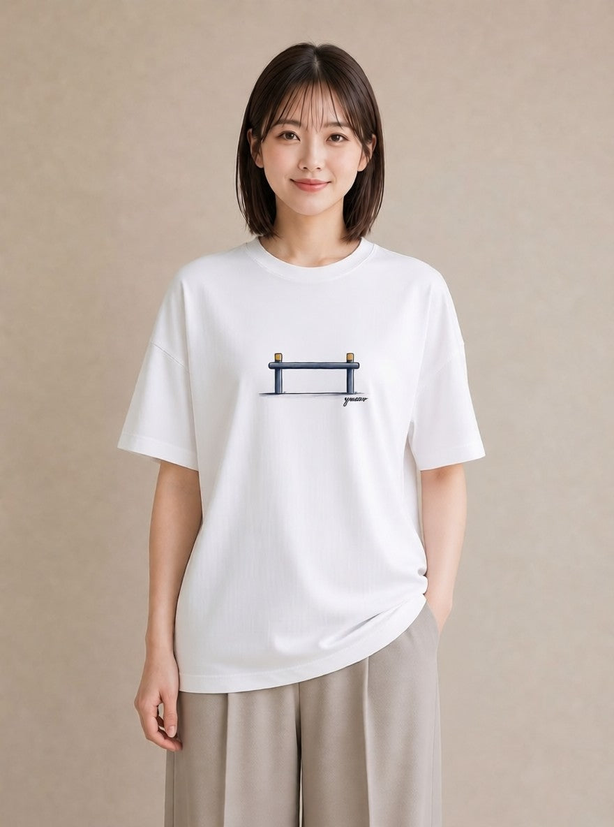 Tシャツ レディース 小川 橋 せせらぎ ナチュラル アンティーク イラスト ポップ ラフ レイヤード 白T