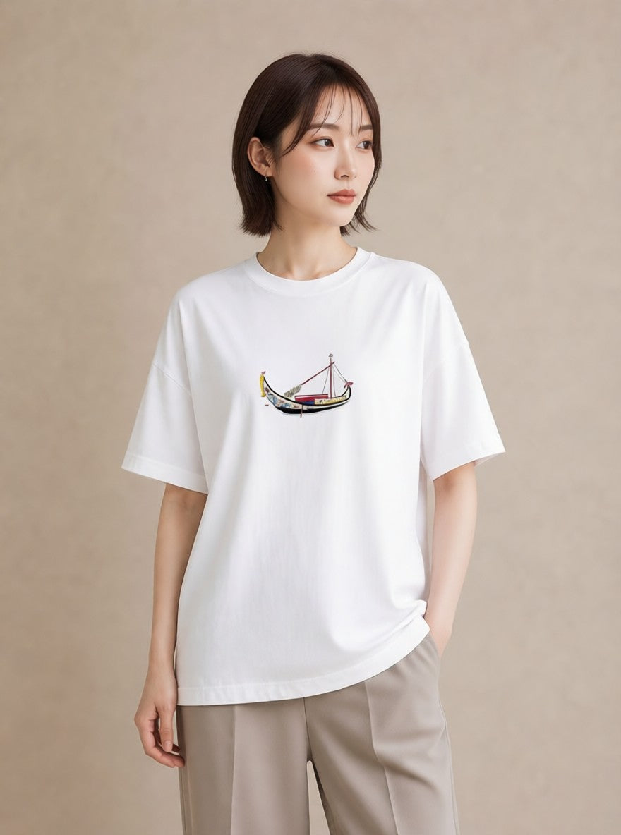 グラフィックTシャツ レディース 桟橋 水辺 波止場 ナチュラル アンティーク イラスト 買い物 夏コーデ 白T