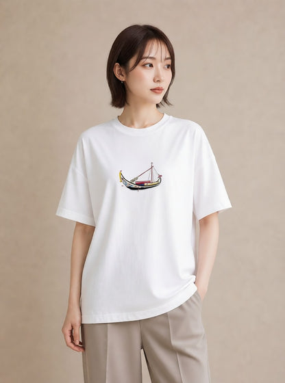 グラフィックTシャツ レディース 桟橋 水辺 波止場 ナチュラル アンティーク イラスト 買い物 夏コーデ 白T