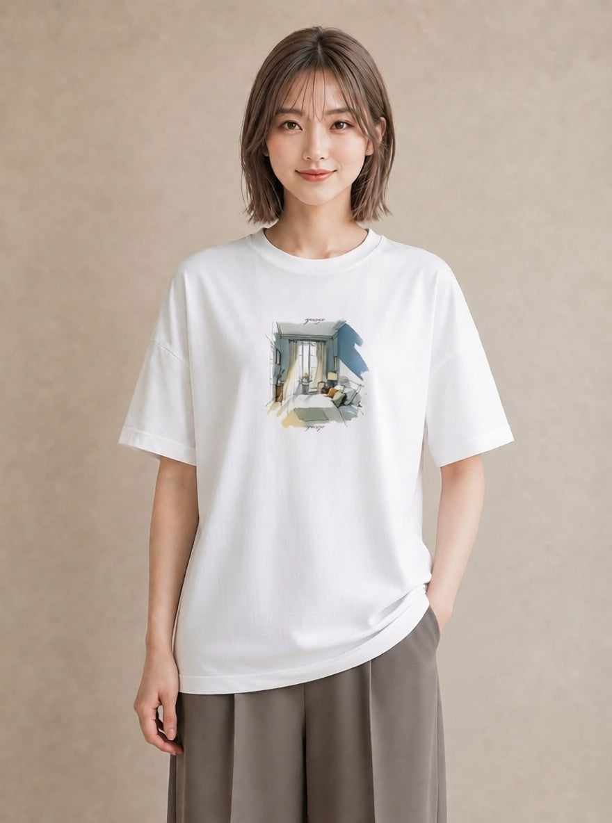 プリントTシャツ レディース 窓辺の椅子 窓辺 椅子 ナチュラル アンティーク イラスト ミニマル クリスマス 旅行 白T