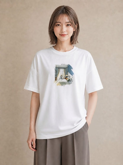 プリントTシャツ レディース 窓辺の椅子 窓辺 椅子 ナチュラル アンティーク イラスト ミニマル クリスマス 旅行 白T