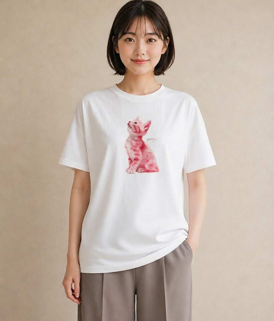 半袖Tシャツ レディース しっぽ 猫 ねこ イラスト アート風 ギフト 母の日 白T