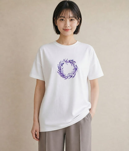 半袖Tシャツ レディース ラベンダー 花 花柄 イラスト 買い物 夏コーデ 白T