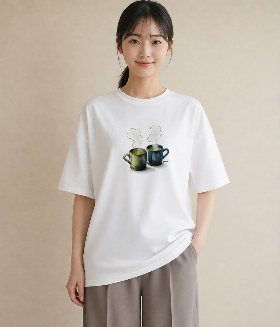 Tシャツ レディース 紅茶 食べ物 フード イラスト 線画 ミセス 春コーデ 白T