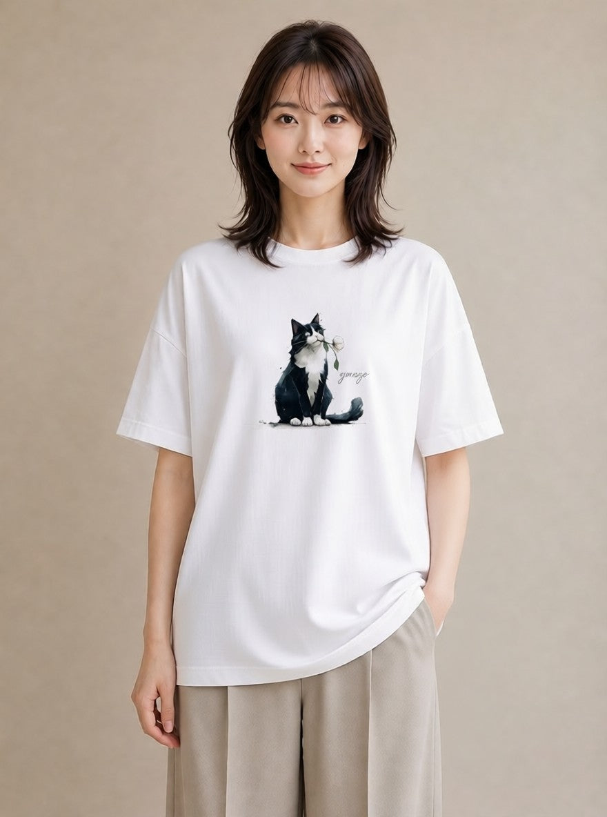 半袖Tシャツ レディース ハチワレ 白黒猫 猫 ねこ イラスト 手描き風 春服 ミセス 白T