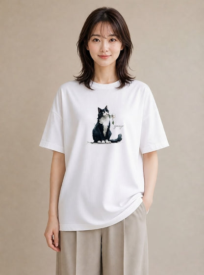 半袖Tシャツ レディース ハチワレ 白黒猫 猫 ねこ イラスト 手描き風 春服 ミセス 白T
