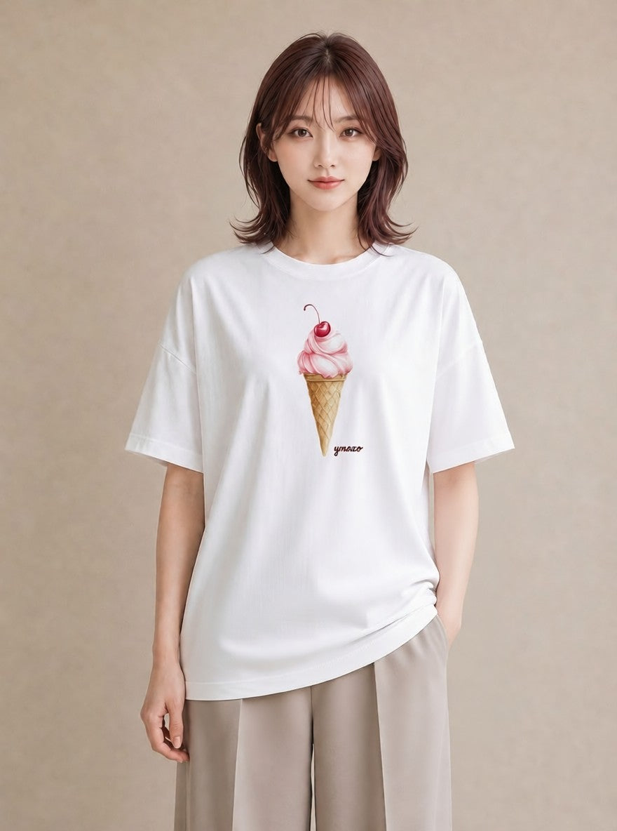 Tシャツ レディース アイス 食べ物 フード イラスト ゆるかわ 海 カフェ巡り 白T