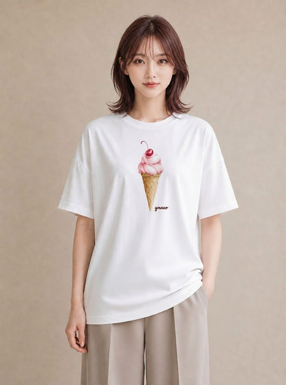 Tシャツ レディース アイス 食べ物 フード イラスト ゆるかわ 海 カフェ巡り 白T