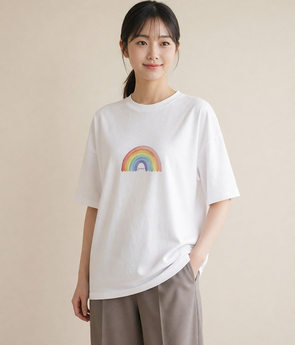プリントTシャツ レディース 虹 星空 宇宙 イラスト シック カジュアルコーデ 買い物 白T