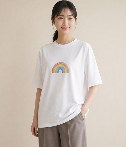 プリントTシャツ レディース 虹 星空 宇宙 イラスト シック カジュアルコーデ 買い物 白T