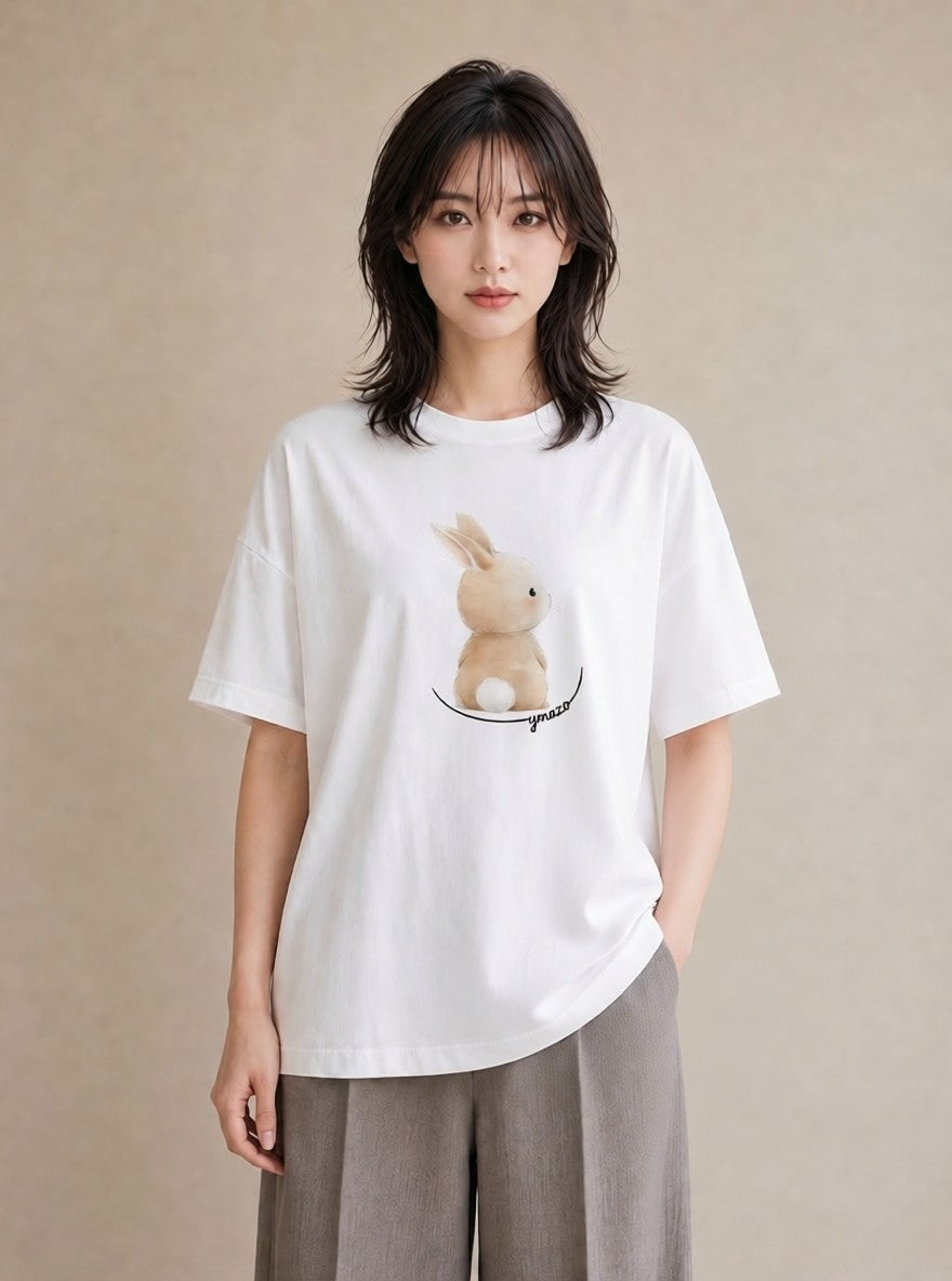 プリントTシャツ レディース うさちゃん ペット 動物 イラスト 韓国風 友達ギフト 部屋着 白T