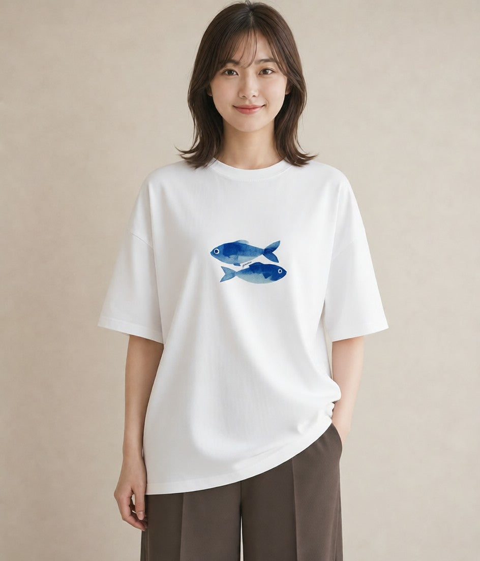 グラフィックTシャツ レディース メダカ ペット 動物 イラスト ラフカジュアル カフェ巡り 女子会 白T