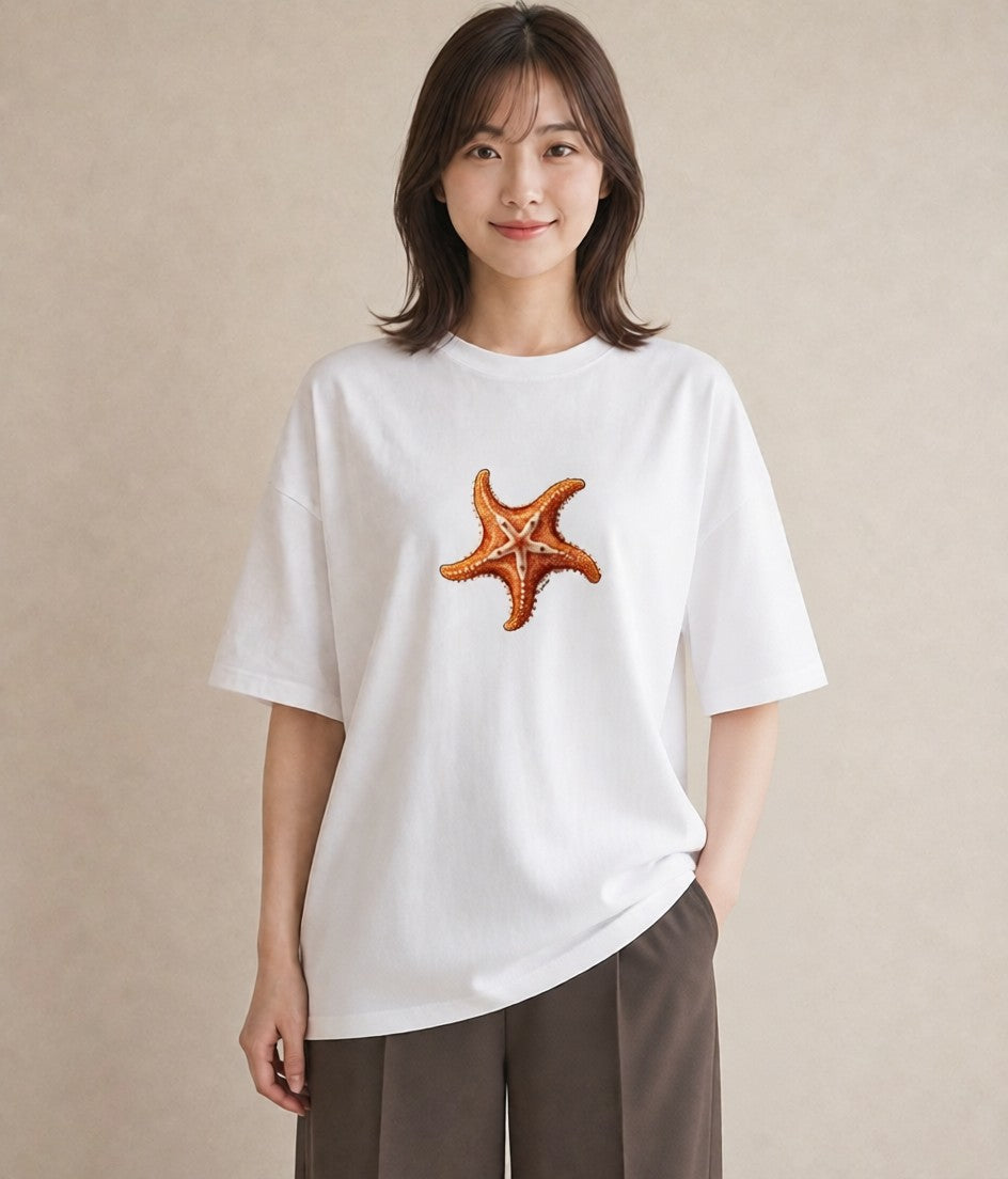 プリントTシャツ レディース ヒトデ 海の生き物 海 イラスト カフェコーデ 敬老の日 ホワイトデー 白T