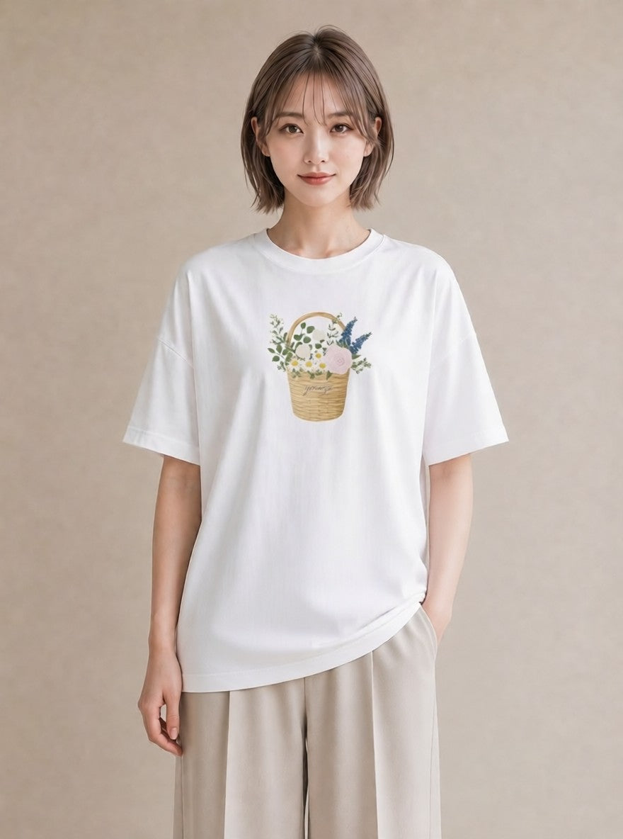 グラフィックTシャツ レディース 自転車のかご 自転車 花かご ナチュラル アンティーク イラスト 旅行 母娘コーデ 白T