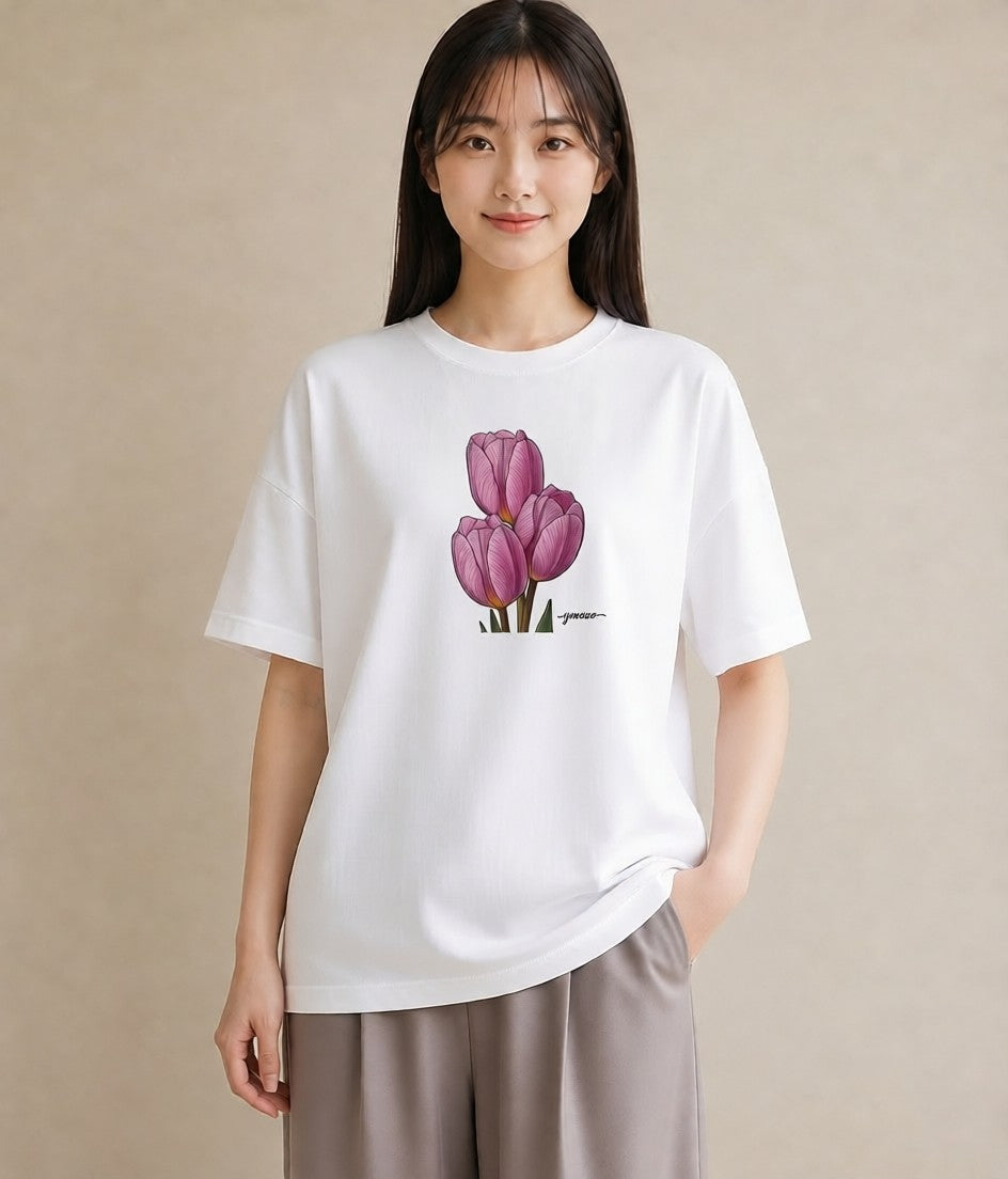 グラフィックTシャツ レディース チューリップ 花 花柄 イラスト シック 友達ギフト 部屋着 白T