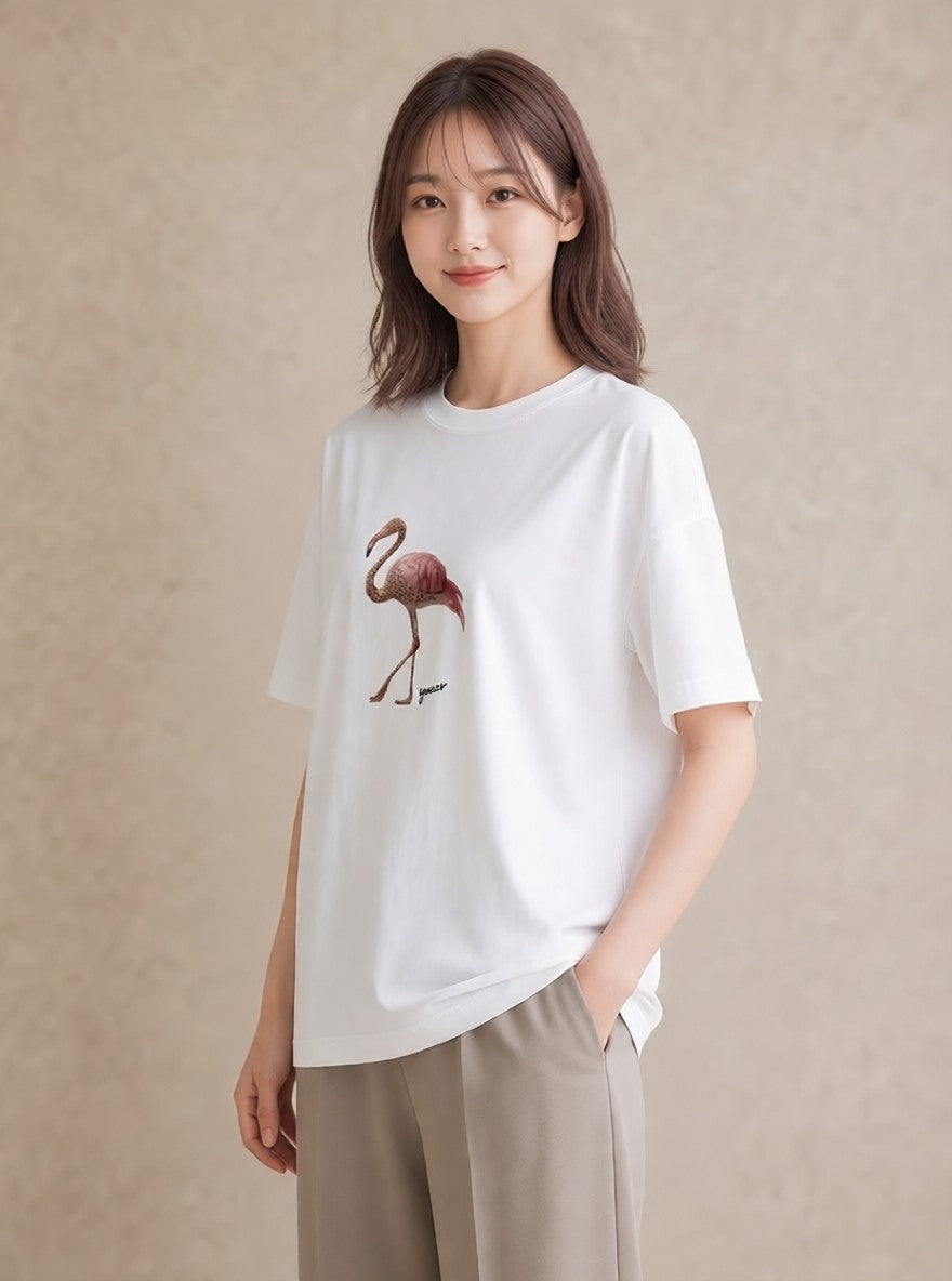 Tシャツ レディース フラミンゴ 動物 アニマル イラスト 抜け感 公園 ママ 白T