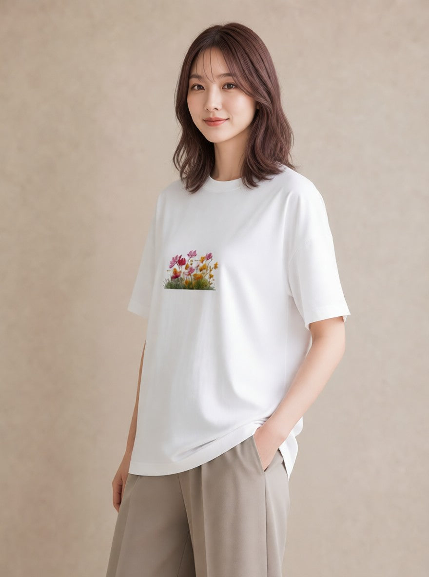 半袖Tシャツ レディース コスモス 秋桜 花 花柄 イラスト ゆるコーデ 夏コーデ 通学 白T
