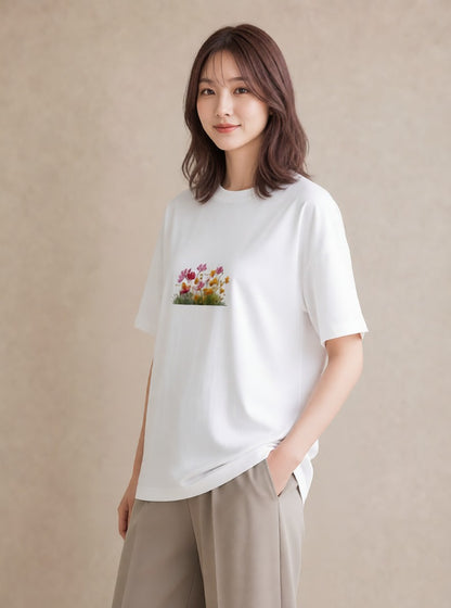 半袖Tシャツ レディース コスモス 秋桜 花 花柄 イラスト ゆるコーデ 夏コーデ 通学 白T