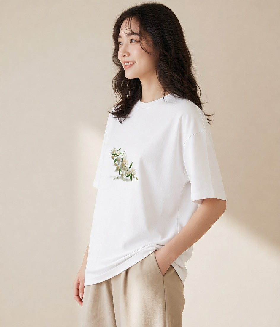 Tシャツ レディース 金木犀 花 花柄 イラスト ニュアンス 敬老の日 ホワイトデー 白T
