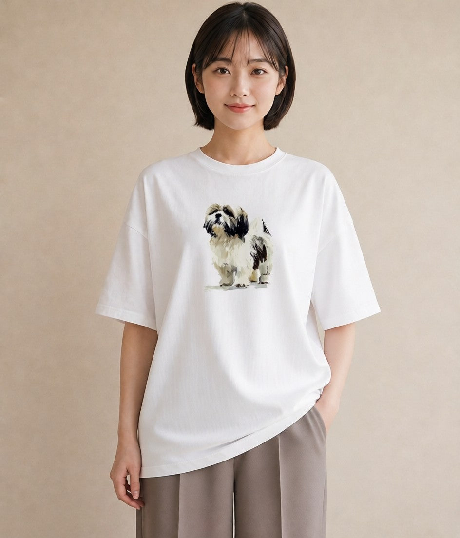 プリントTシャツ レディース 狆 犬 いぬ イラスト ナチュラル 送別ギフト 通勤 白T