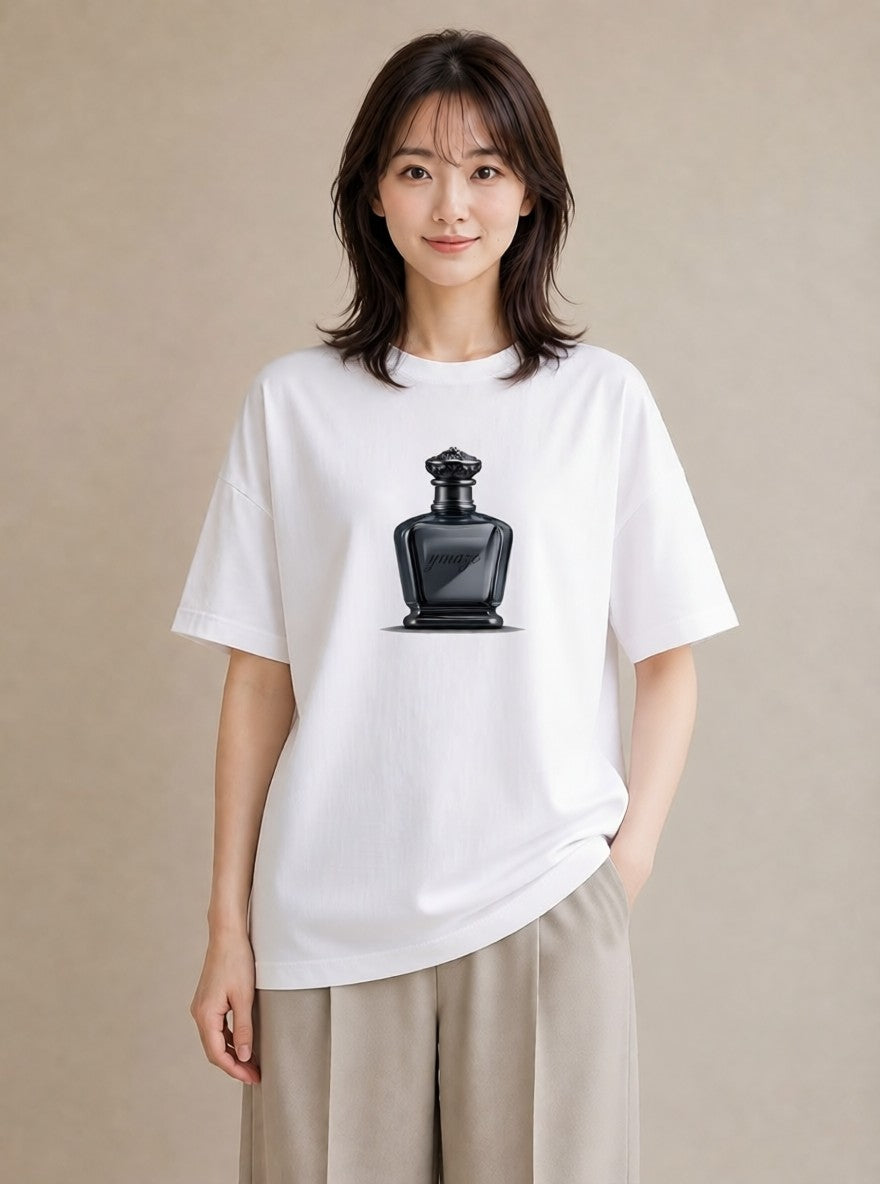 プリントTシャツ レディース 香水 香水瓶 パフューム イラスト 線画 カジュアルコーデ 買い物 白T