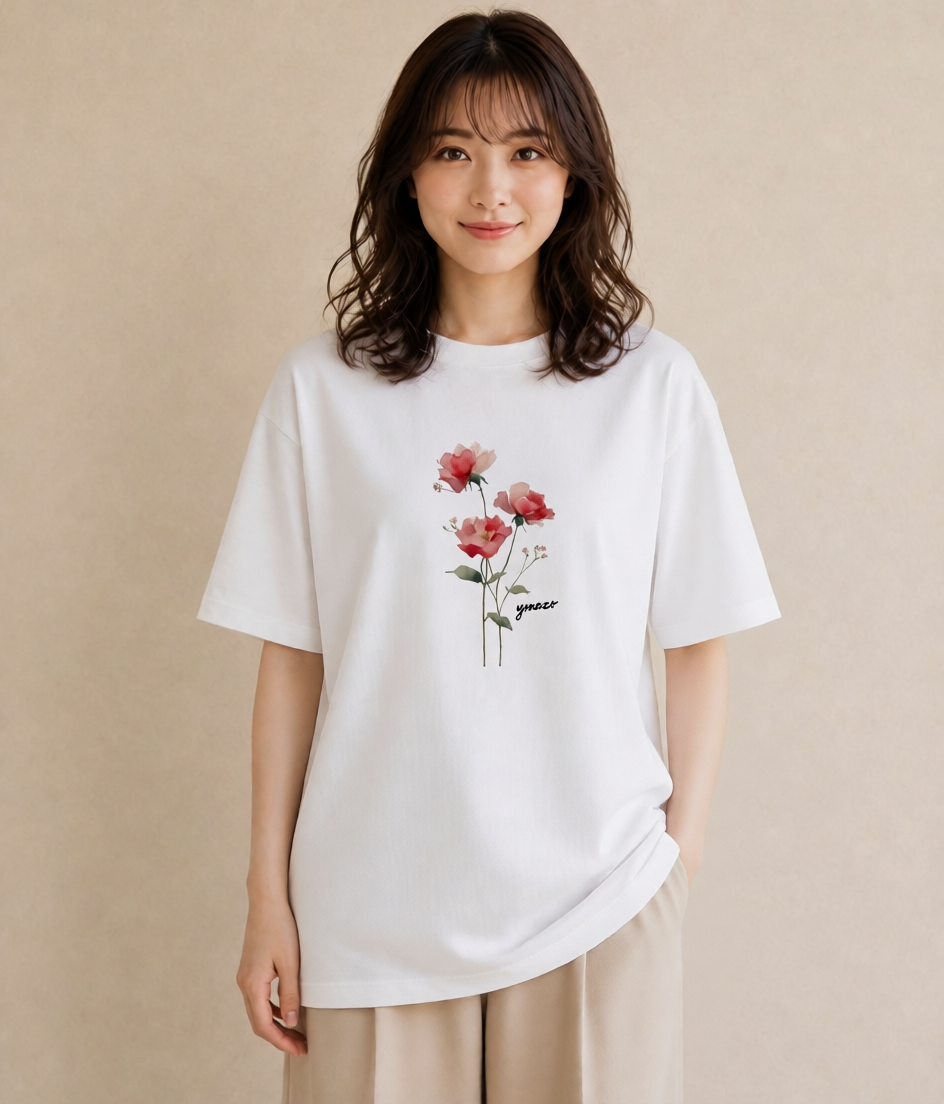 プリントTシャツ レディース バラ 薔薇 ローズ 花 花柄 イラスト ガーリー 女子会 お揃い 白T
