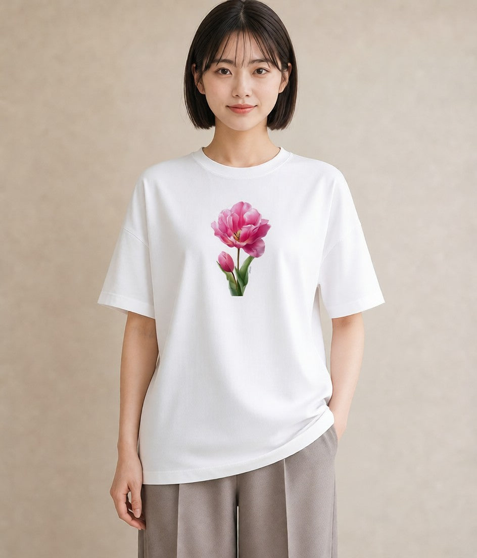 デザインTシャツ レディース チューリップ 花 花柄 イラスト 水彩風 カフェ服 クリスマス 白T