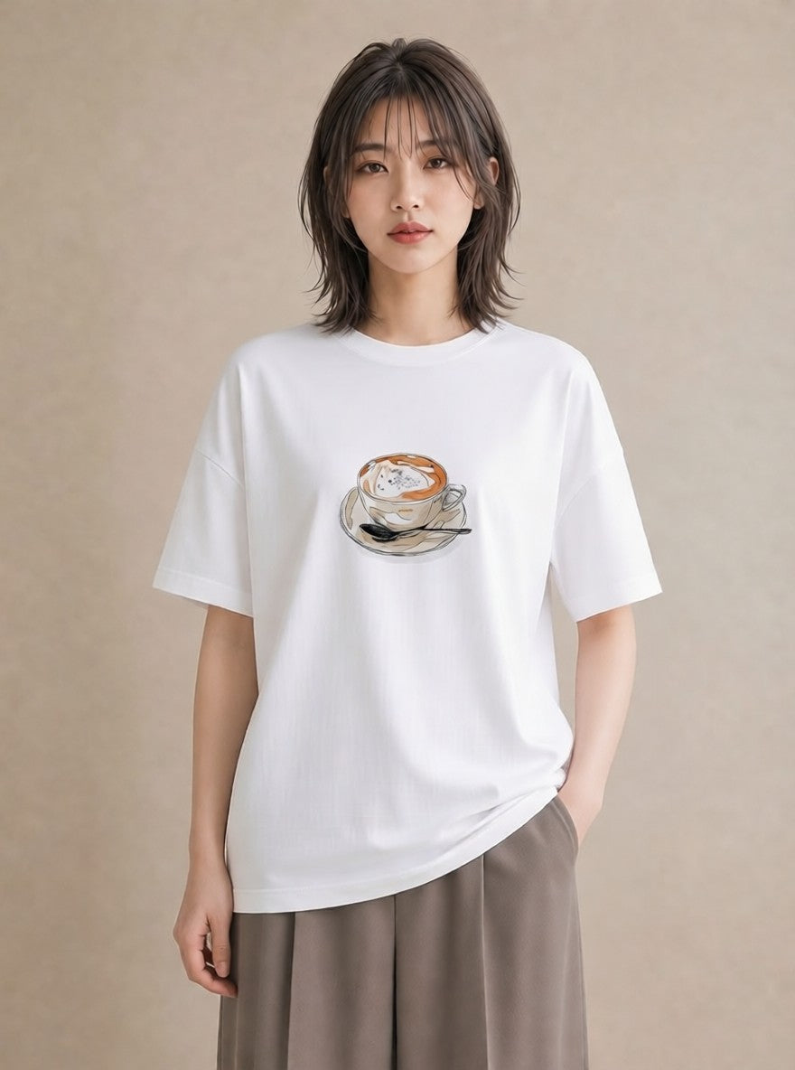 半袖Tシャツ レディース コーヒー 珈琲 カフェ 食べ物 フード イラスト ヴィンテージ風 週末コーデ 敬老の日 白T