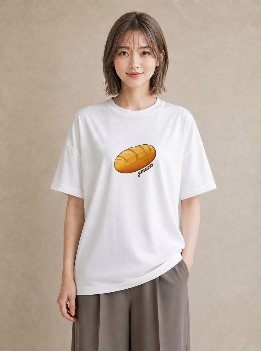 プリントTシャツ レディース パン 食べ物 フード イラスト 淡色 買い物 夏コーデ 白T