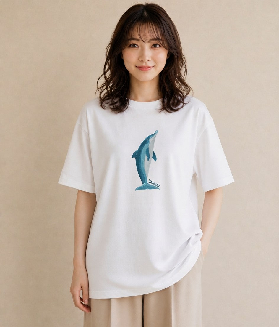 半袖Tシャツ レディース イルカ 海の生き物 海 イラスト こなれ感 秋コーデ おしゃれギフト 白T