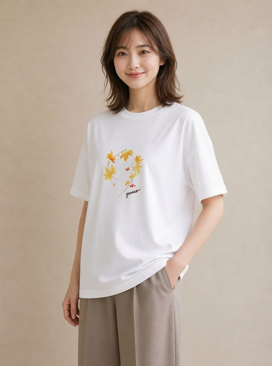 半袖Tシャツ レディース 落ち葉 植物 ボタニカル イラスト ミニマル 20代 カジュアルコーデ 白T