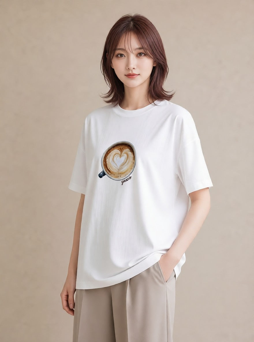 プリントTシャツ レディース カフェオレ 食べ物 フード イラスト 手描き風 帰省 ラフ 白T