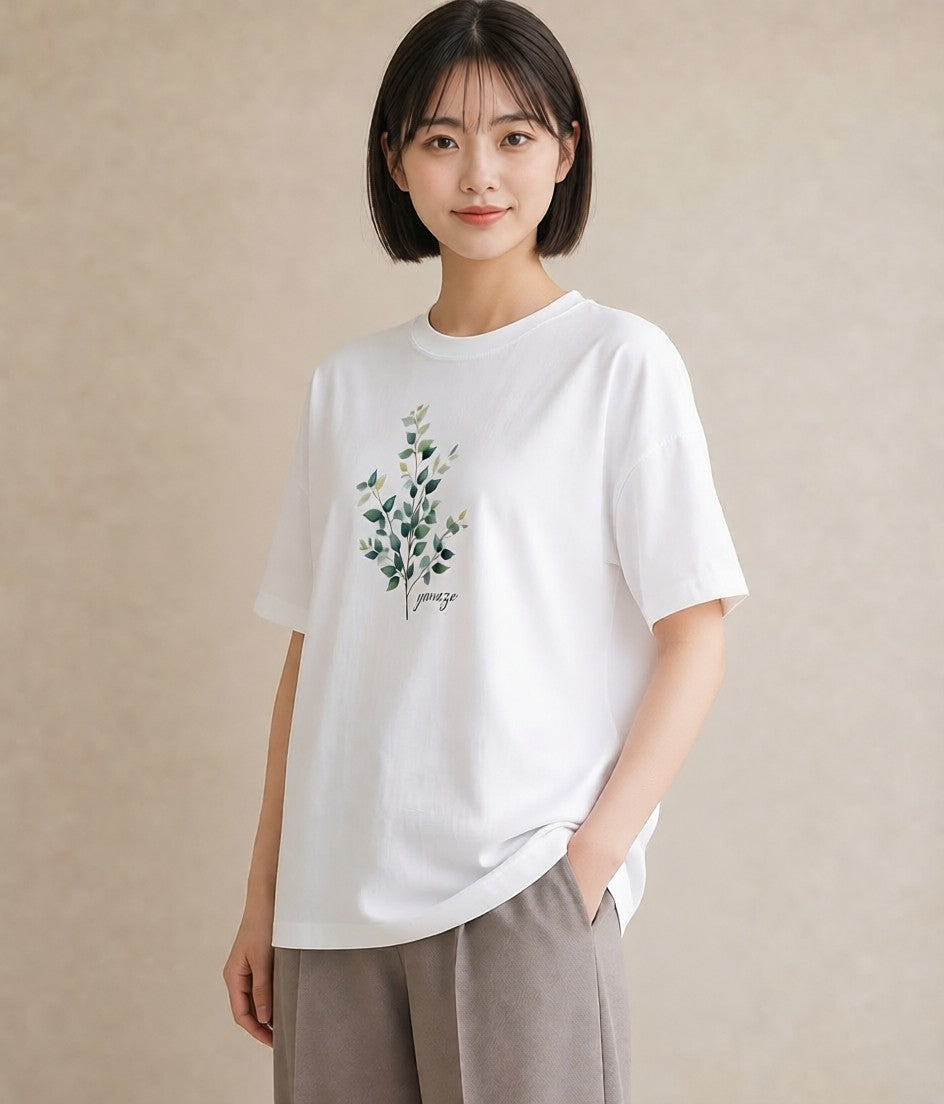 デザインTシャツ レディース 葉っぱ 植物 ボタニカル イラスト ニュアンス ビーチ デイリーウェア 白T