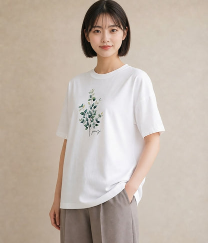 デザインTシャツ レディース 葉っぱ 植物 ボタニカル イラスト ニュアンス ビーチ デイリーウェア 白T