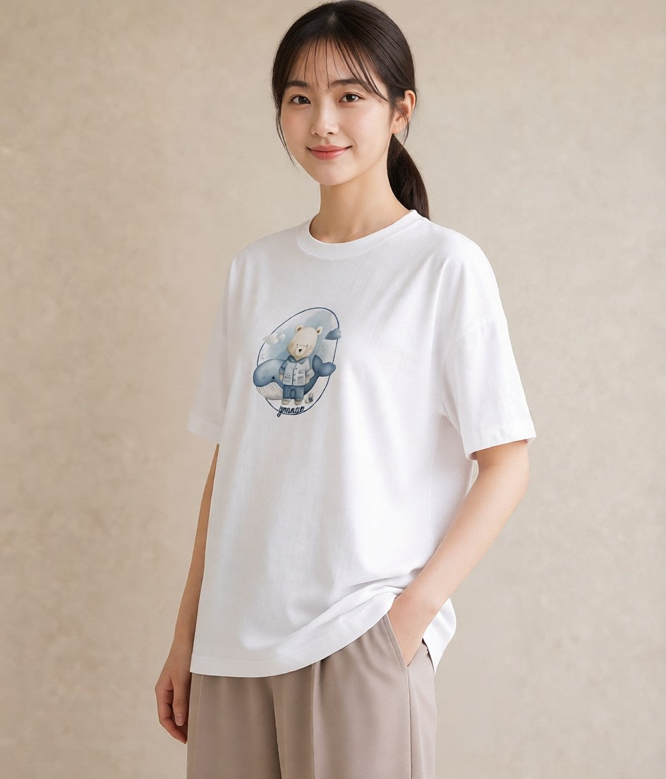 Tシャツ レディース クジラ 海の生き物 海 イラスト 韓国風 綿100 デート 白T