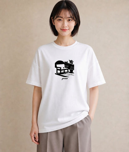 デザインTシャツ レディース 雨上がりのベンチ ベンチ ナチュラル アンティーク イラスト ラフ 公園 ママ 白T