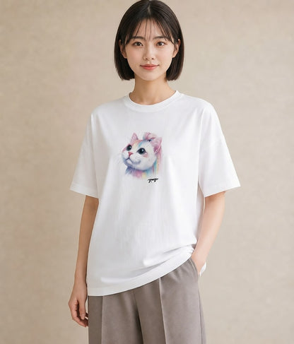 プリントTシャツ レディース ニャンコ 猫 ねこ イラスト お洒落 買い物 夏コーデ 白T