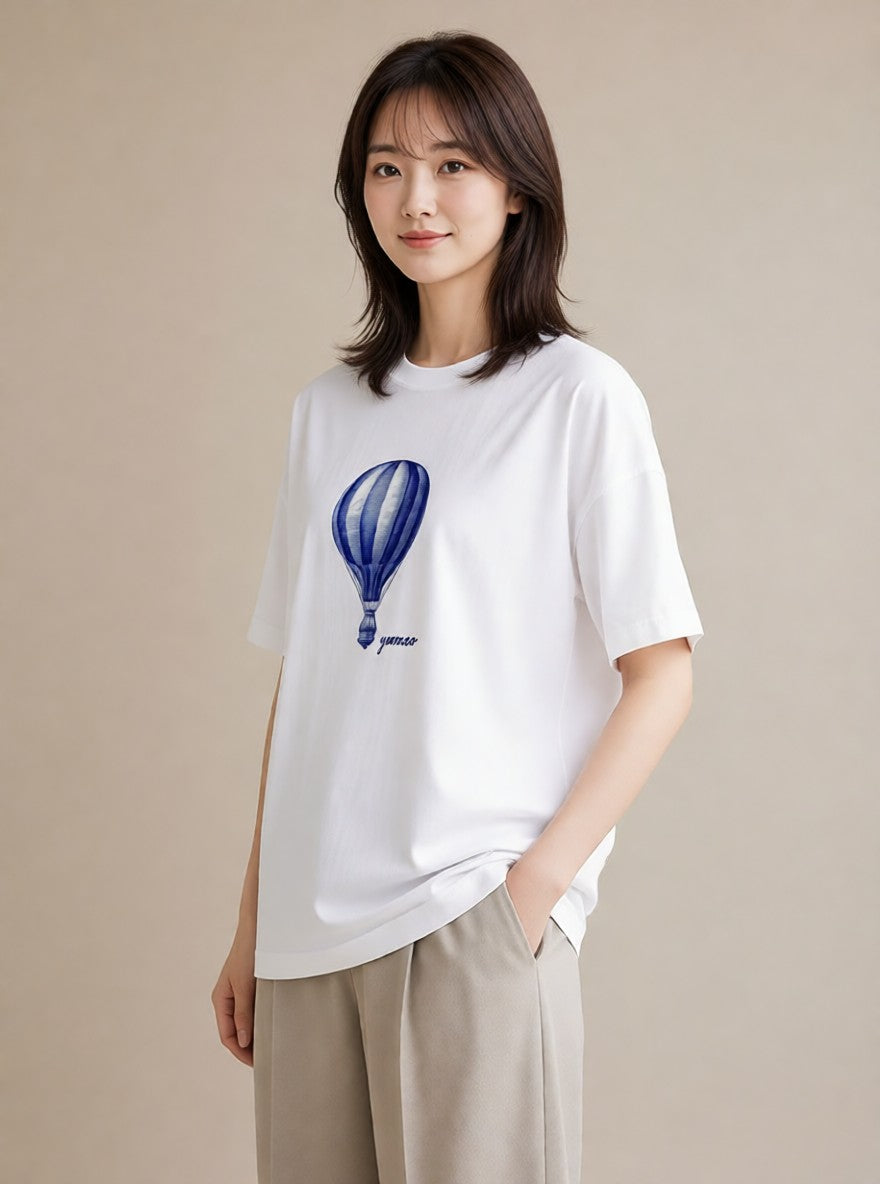 デザインTシャツ レディース 気球 星空 宇宙 イラスト きれいめカジュアル 公園 ママ 白T