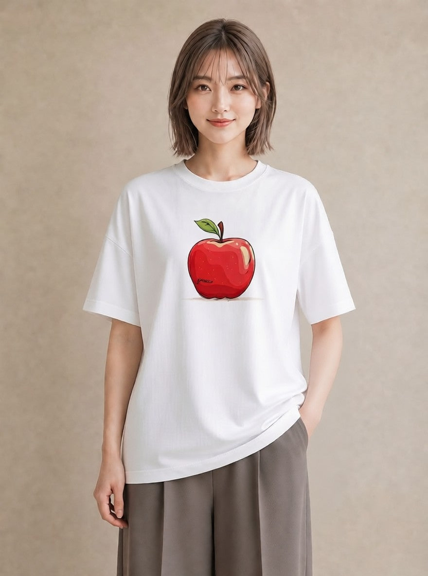 半袖Tシャツ レディース りんご 林檎 アップル 食べ物 フード イラスト きれいめ 夏コーデ 通学 白T
