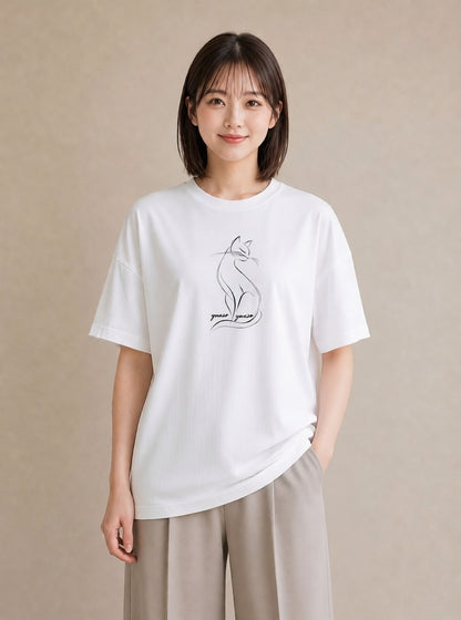 デザインTシャツ レディース 猫 ねこ ネコ イラスト 旅行コーデ 散歩 お出かけ 白T