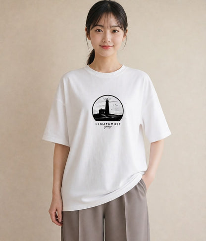 デザインTシャツ レディース 灯台 霧 海 ナチュラル アンティーク イラスト 個性的 在宅 公園 白T