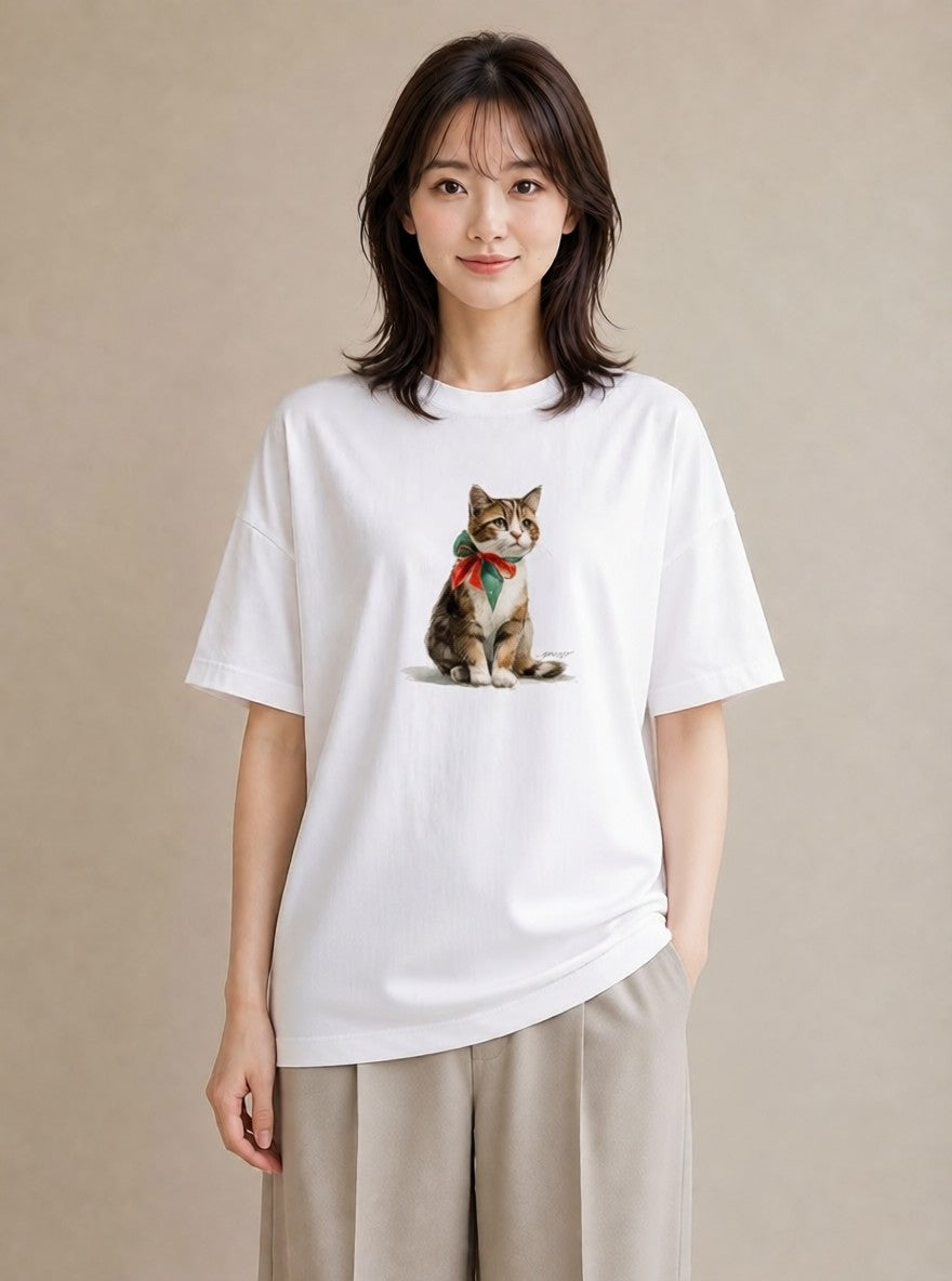 Tシャツ レディース ぶち猫 猫 ねこ イラスト モード お出かけ 普段着 白T
