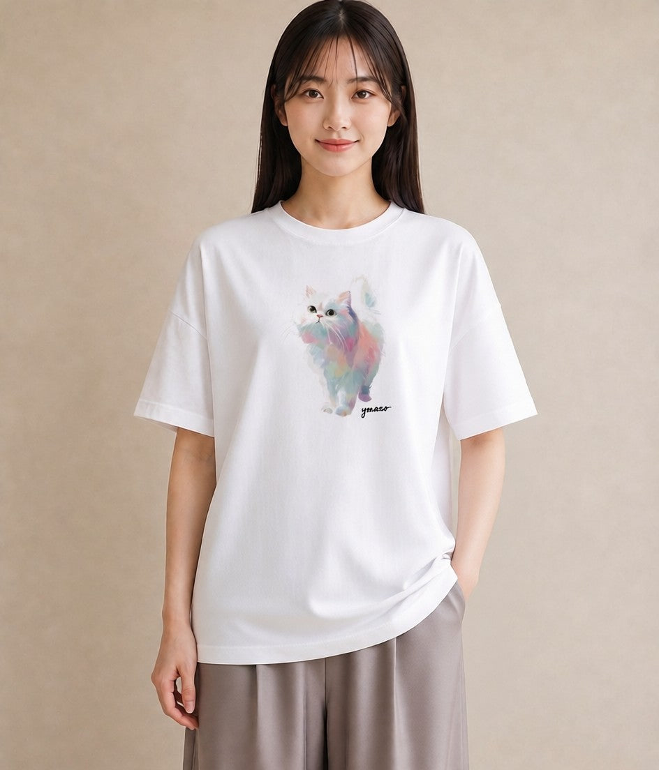 Tシャツ レディース メインクーン 猫 ねこ イラスト 水彩風 20代 カジュアルコーデ 白T